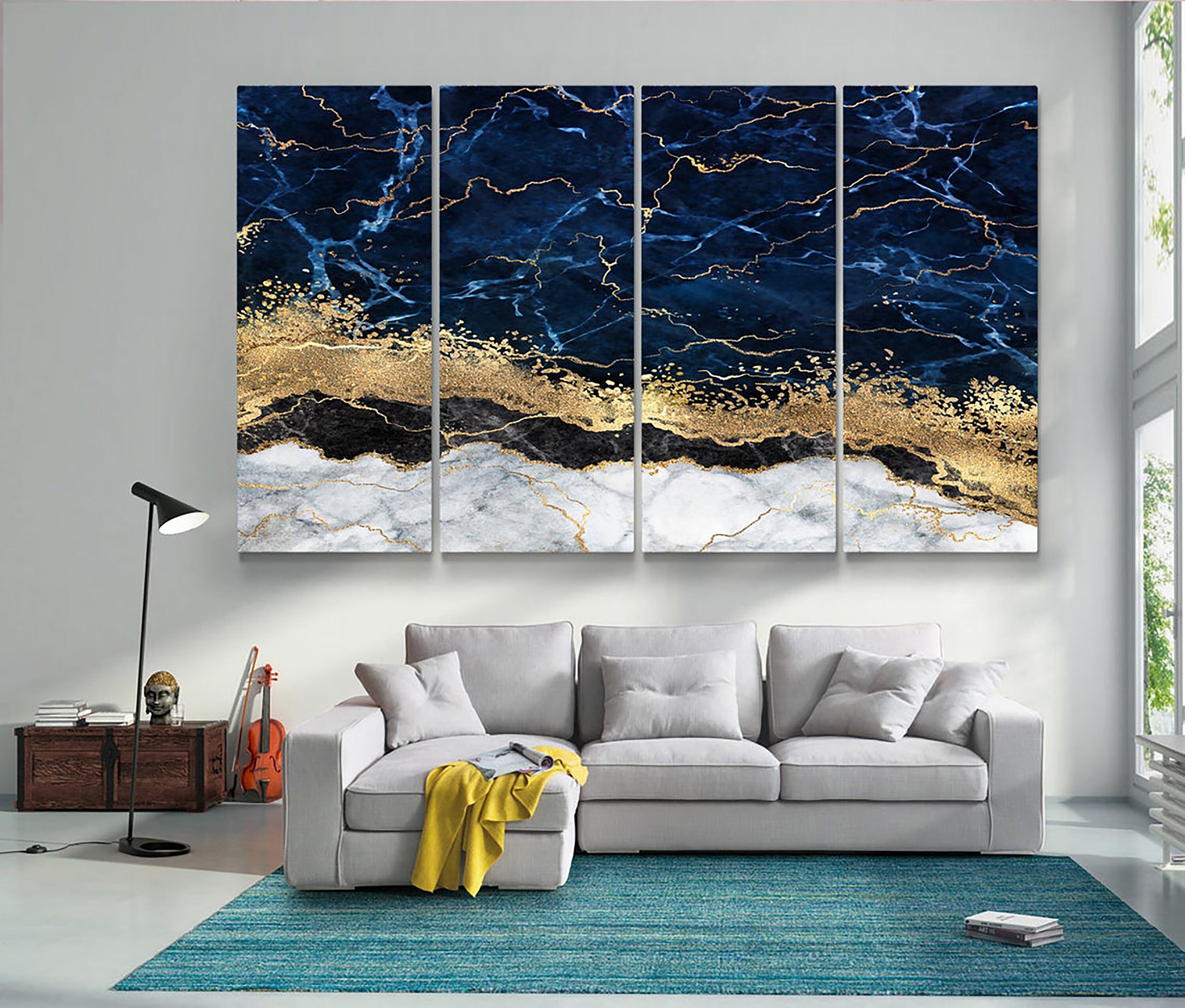 Blue Gold Grey Abstract Canvas Print Abstract Luxury Wall Art Etsy UK