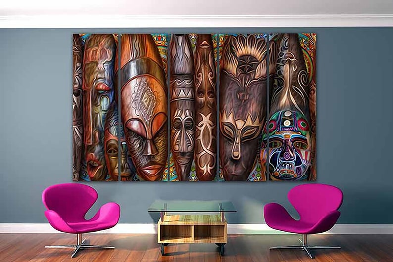 African mask canvas Ethnic masks print Tribal mask wall art Face mask d\u00e9cor Africa artwork Mask decor room Travel wall print Ready to hang