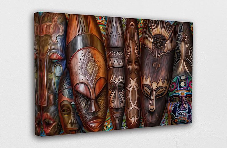African mask canvas Ethnic masks print Tribal mask wall art Face mask d\u00e9cor Africa artwork Mask decor room Travel wall print Ready to hang