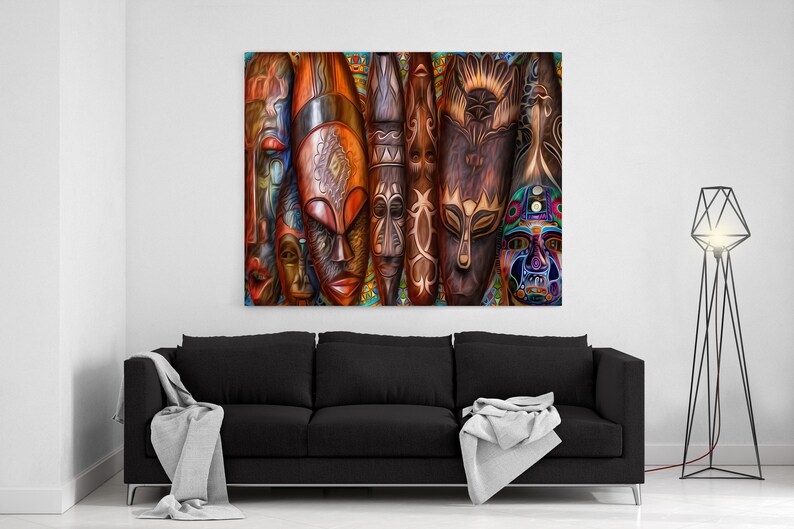 African mask canvas Ethnic masks print Tribal mask wall art Face mask d\u00e9cor Africa artwork Mask decor room Travel wall print Ready to hang