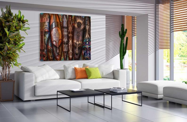 African mask canvas Ethnic masks print Tribal mask wall art Face mask d\u00e9cor Africa artwork Mask decor room Travel wall print Ready to hang