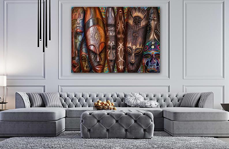 African mask canvas Ethnic masks print Tribal mask wall art Face mask d\u00e9cor Africa artwork Mask decor room Travel wall print Ready to hang