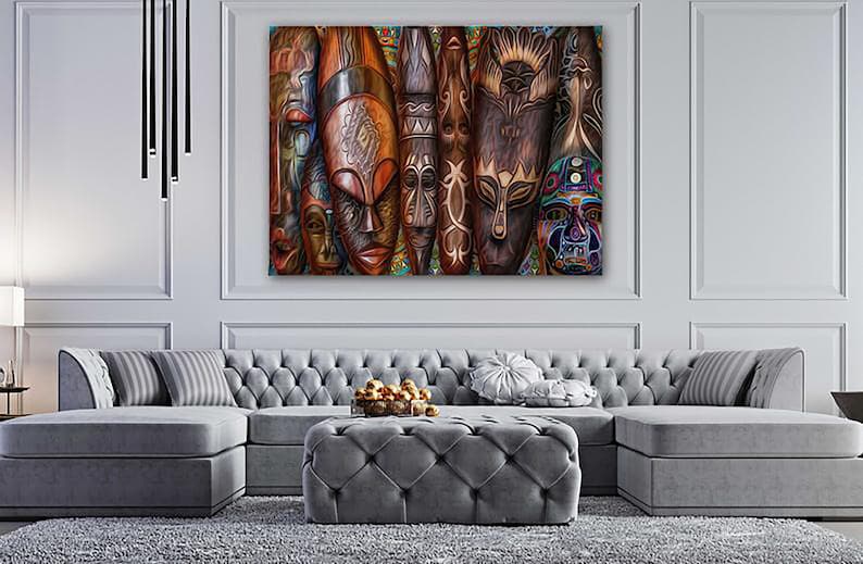 African mask canvas Ethnic masks print Tribal mask wall art Face mask d\u00e9cor Africa artwork Mask decor room Travel wall print Ready to hang