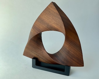 Penrose Triangle inspired Walnut Wood Carving, 7.5 &quot; diameter | Möbius Strip-like Mathematical abstract sculpture |  Geometric Wood Art |