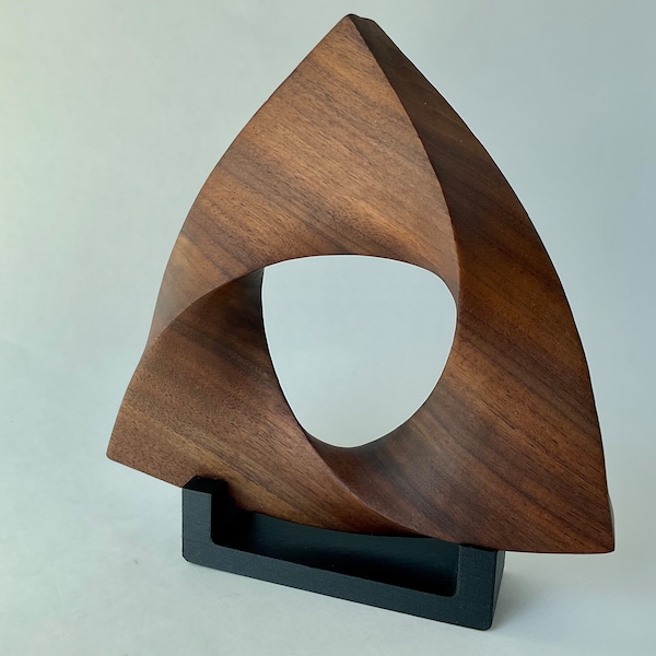 Penrose Triangle inspired Walnut Wood Carving, 7.5 " diameter | Möbius Strip-like Mathematical abstract sculpture |  Geometric Wood Art |