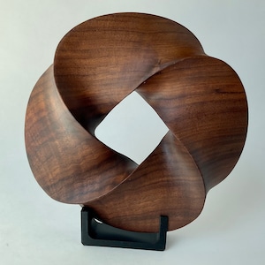 Quadruple-folded Mobius Strip-like Walnut Wood Carving, 7" diameter | Mathematical abstract sculpture | Minimal Surface Geometric Wood Art |