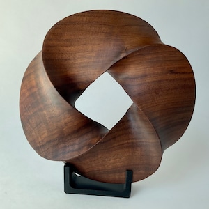 Quadruple-folded Mobius Strip-like Walnut Wood Carving, 7&quot; diameter | Mathematical abstract sculpture | Minimal Surface Geometric Wood Art |