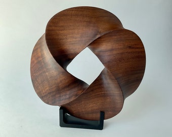 Quadruple-folded Mobius Strip-like Walnut Wood Carving, 7&quot; diameter | Mathematical abstract sculpture | Minimal Surface Geometric Wood Art |