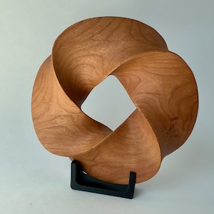 Quadruple-folded Mobius Strip-like Cherry Wood Carving, 7&quot; diameter | Mathematical abstract sculpture | Minimal Surface Geometric Wood Art