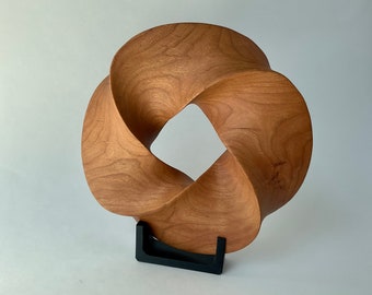 Quadruple-folded Mobius Strip-like Cherry Wood Carving, 7" diameter | Mathematical abstract sculpture | Minimal Surface Geometric Wood Art |