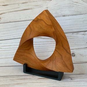 Penrose Triangle inspired Cherry Wood Carving, 7.5 &quot; diameter | Möbius Strip-like Mathematical abstract sculpture |  Geometric Wood Art |