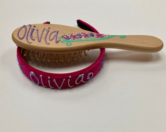 SPECIAL OFFER! Personalised wooden hand painted hairbrush and hairband flower meadow girls gift set