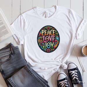 Peace Love Joy Unisex Tee, Hippie Retro T-Shirt, Groovy Summer Shirt, Boho Festival Top, Vintage Graphic Tee