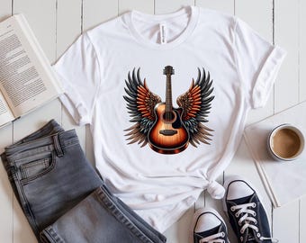 ギターウィングスTシャツ、ミュージックラバーTシャツ、ロックンロールシャツ、コンサート衣装、バンドファンアパレル