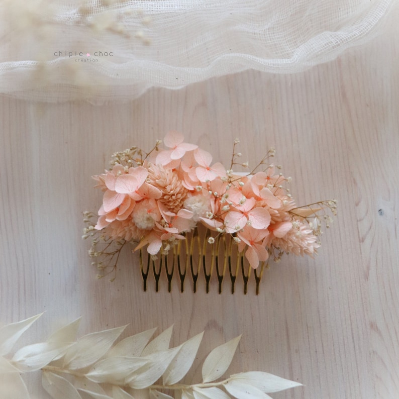 Accessoires fleuris Mariage Fleurs séchées peigne bracelet barrette pic à cheveux Pêche/Blanc/Crème Peigne