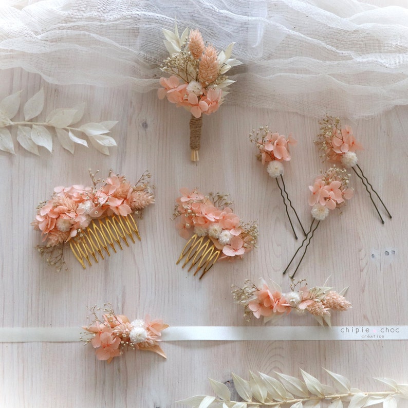 Accessoires fleuris Mariage Fleurs séchées peigne bracelet barrette pic à cheveux Pêche/Blanc/Crème image 9