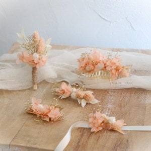 Accessoires fleuris Mariage Fleurs séchées peigne bracelet barrette pic à cheveux Pêche/Blanc/Crème image 1