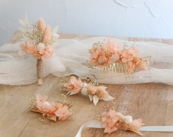 Flower accessories - Wedding - Dried flowers - comb - bracelet - barrette - hair stick - Peach/White/Cream