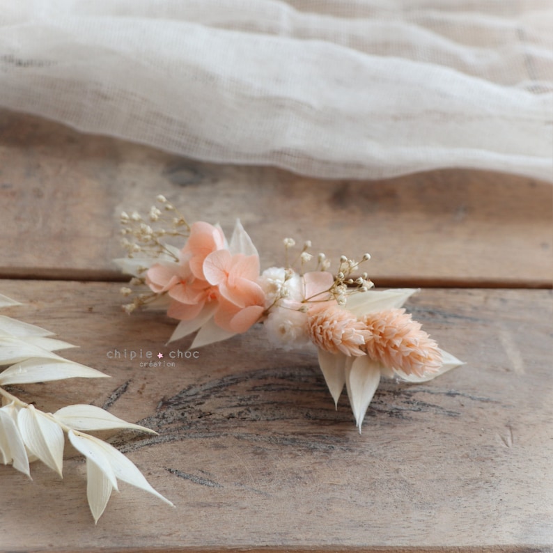 Accessoires fleuris Mariage Fleurs séchées peigne bracelet barrette pic à cheveux Pêche/Blanc/Crème Barrette