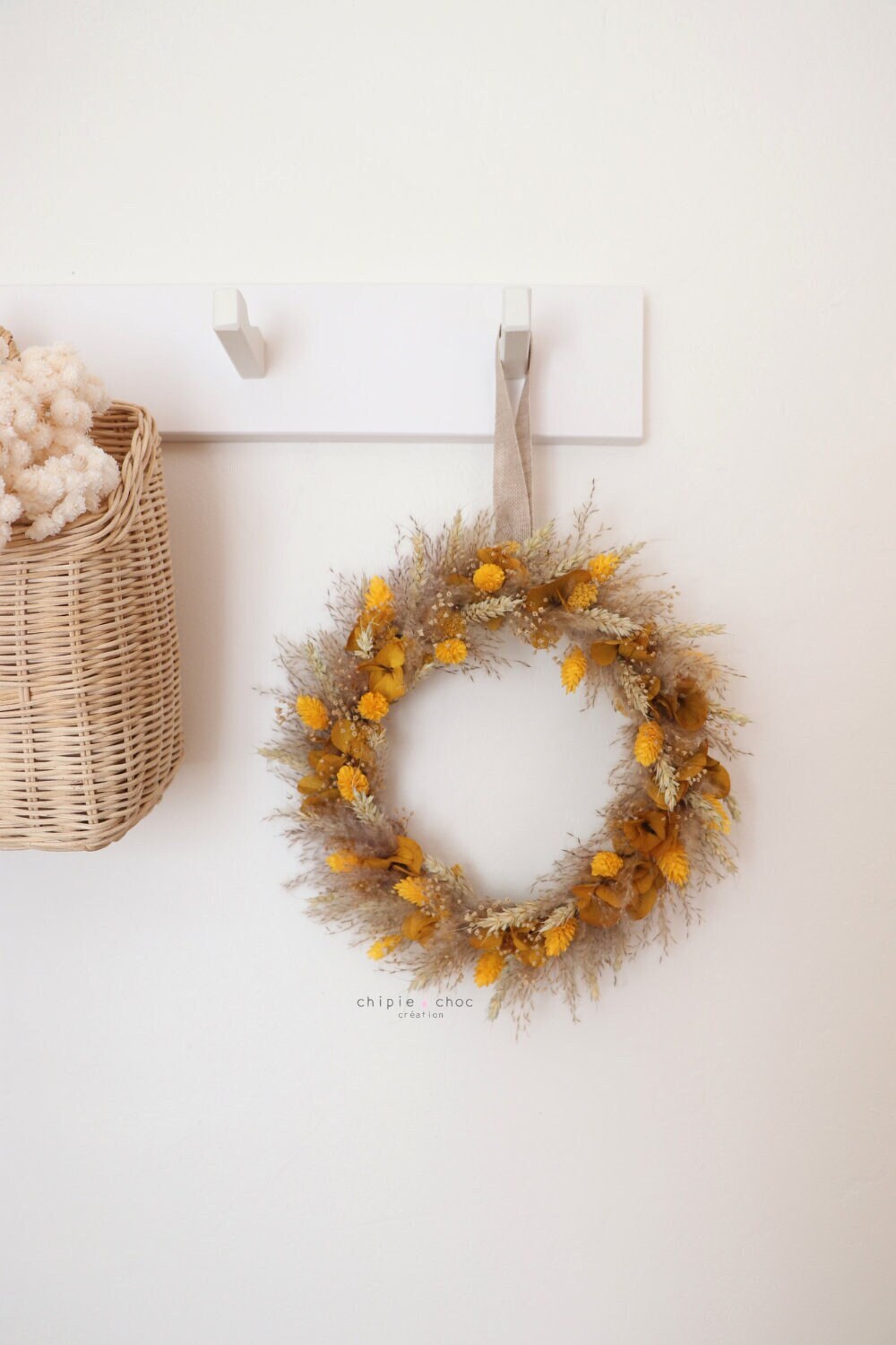 Couronne Murale de Fleurs Séchées - Jaune et Naturel Décoration Intérieur Art Floral Design Bohème -