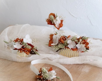 Flower accessories - Wedding - Dried flowers - comb- bracelet - hair stick - Terracotta/White/Natural green - Country chic -