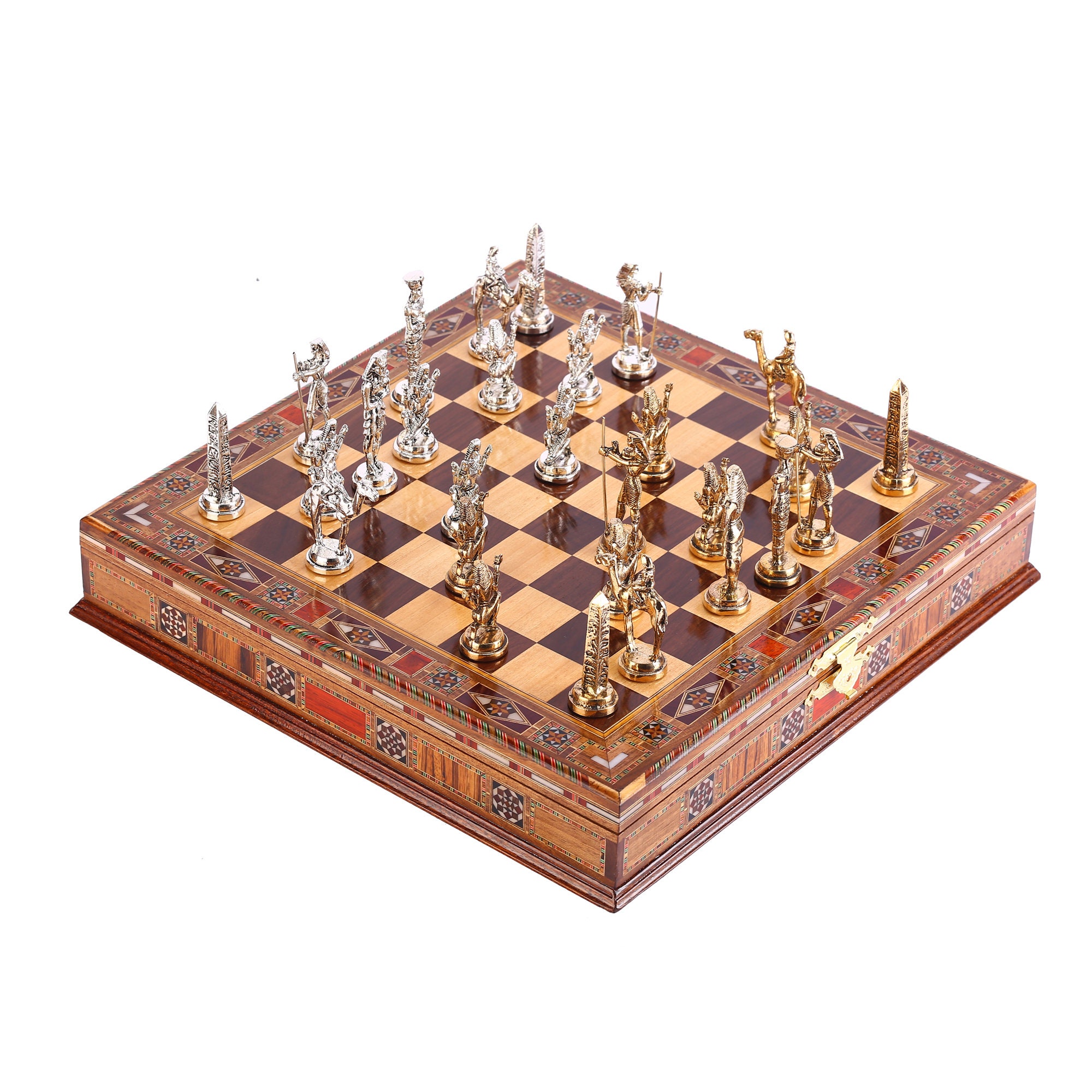 Medieval British Army Antique Copper Metal Chess Set for Adults,Handmade  Pieces and Natural Solid Wooden Chess Board with Storage Inside King 3.35inc