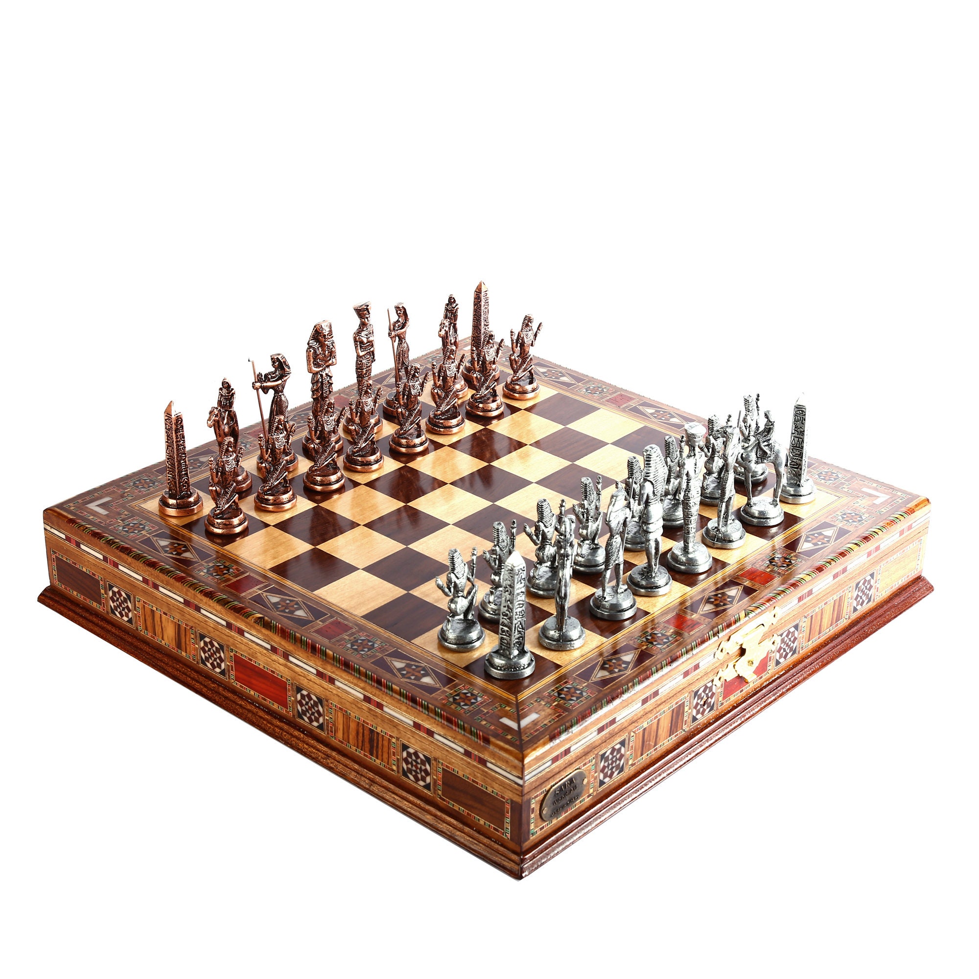 Metal Chess Set With Mythology Figures and Antique Solid Wood Chess Storage 