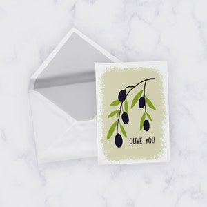 Aniversario/Amor "Olive You From My Head Tomatoes" Tarjeta de felicitación IMPRIMIBLE, juegos de palabras con comida, diseño italiano, regalo para pareja, único