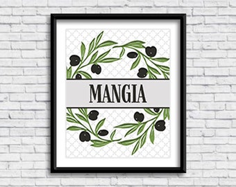 Kitchen Mangia olive wreath PRINTABLE Sign, eat!, cucina, kitchen decor, Italian design, Italia, digital download