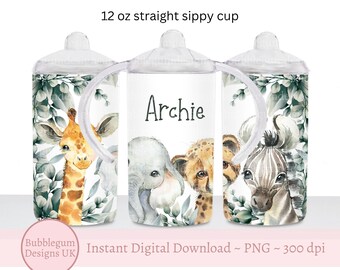 Baby Safari Animals 12oz Straight Sippy Cup Sublimation Design, Sublimation Cup Template,Kids Safari Tumbler Design,Instant Digital Download