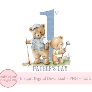 Notre 1ère fête des pères - papa de golf et bébé ours fête des pères sublimation Design, PNG, conception de carte de fête des pères, téléchargement numérique instantané