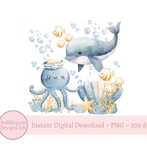 Diseño de sublimación de pulpo azul marino, PNG, diseño de camiseta de cumpleaños, diseño de tarjeta submarina, ballena azul, descarga digital instantánea