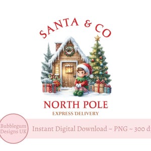 Puede incluir: Ilustración en acuarela de una escena navideña con un elfo, una cabaña nevada y un árbol de Navidad decorado. El texto dice "SANTA & CO" y "NORTH POLE EXPRESS DELIVERY".