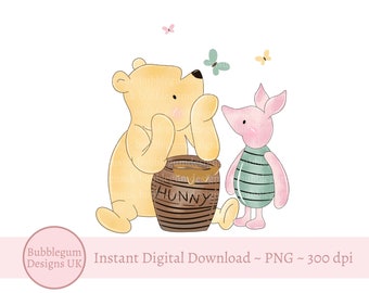 クラシックなくまのプーさんと子豚の昇華デザイン、PNG、クラシックなプーさんのベビーシャワー、くまのプーさんの誕生日、インスタントデジタルダウンロード