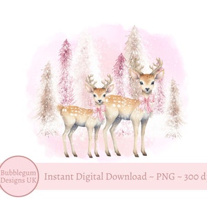 ピンクのクリスマス鹿 PNG、赤ちゃんクリスマス鹿、クリスマスホリデー昇華、ピンクのスカーフを巻いたかわいい鹿、トナカイ、インスタントデジタルダウンロード