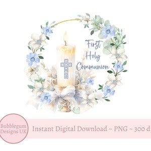Erster heilige Kommunion Kerzenkranz PNG, 1. Kommunion Sublimation Design, Eukalyptus Blau Blumenkranz, sofortiger digitaler Download