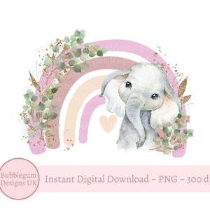 Pink Elephant Rainbow PNG, Cute Elephant Clipart, New Baby Card Design, Safari Birthday, Instant Digital Download