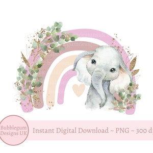 Elefante rosa arcoíris PNG, lindo elefante clipart, diseño de tarjeta para bebé recién nacido, cumpleaños de safari, descarga digital instantánea