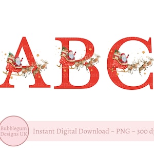 Santa Schlitten Weihnachten rotes Alphabet PNG, Weihnachten 26 einzelne Buchstaben Alphabet Clipart, Weihnachtsalphabet, sofortiger digitaler Download