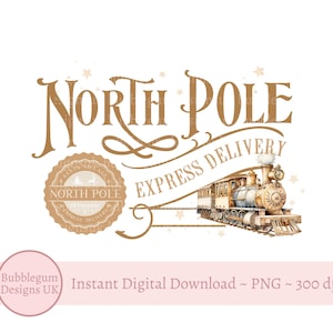 May include: A vintage-style illustration featuring a steam train with the words "North Pole Express Delivery." The design includes a circular emblem with "North Pole" and star accents, perfect for holiday-themed projects.