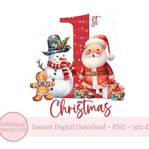 1° Natale Babbo Natale rosso e pupazzo di neve PNG, Primo Natale del bambino, Sublimazione delle festività del 1° Natale, Babbo Natale allegro, Download digitale istantaneo