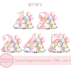 Lot de motifs en sublimation rose arc-en-ciel de 1 à 5 ans, PNG, sublimation de licorne, motifs de t-shirt anniversaire fille, téléchargement immédiat
