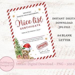 Certificat de belle liste du père Noël, lettre de Noël A4 Candy Cane Lane ours, belle liste du père Noël, JPG, téléchargement numérique instantané