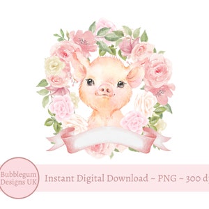 Bébé porcelet en couronne de roses roses PNG, aquarelle bébé animal de la ferme, conception en sublimation de cochon, fête d'anniversaire à la ferme rose, téléchargement immédiat