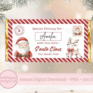 Entrega especial de Papá Noel, envoltorio de chocolate para dulces navideños imprimible, tamaño A4, para rellenar calcetines, descarga digital instantánea