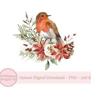 Noël Robin Design PNG, Robin & feuillage, sublimation design, conception de carte de Noël, Robin PNG, sympathie PNG, téléchargement immédiat
