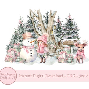 País de las maravillas invernal rosa PNG, muñeco de nieve en el bosque invernal, diseño de sublimación de niña y ciervo, saco de Papá Noel, diseño de tarjeta navideña, descarga digital instantánea