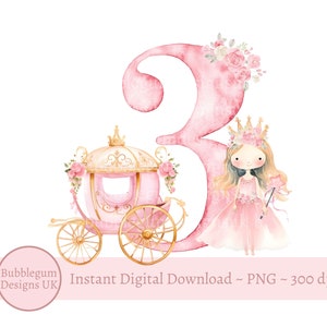 Rosa Prinzessin 3. Geburtstag PNG, Sublimationsdesign für den dritten Geburtstag, Geburtstag des Mädchens 3, Prinzessin Carriage Geburtstag, sofortiger digitaler Download
