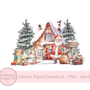 Laboratorio di Babbo Natale nel bosco di Natale PNG, design di sublimazione invernale, scatola della vigilia di Natale, sacco di Babbo Natale, biglietto di Natale, download digitale istantaneo