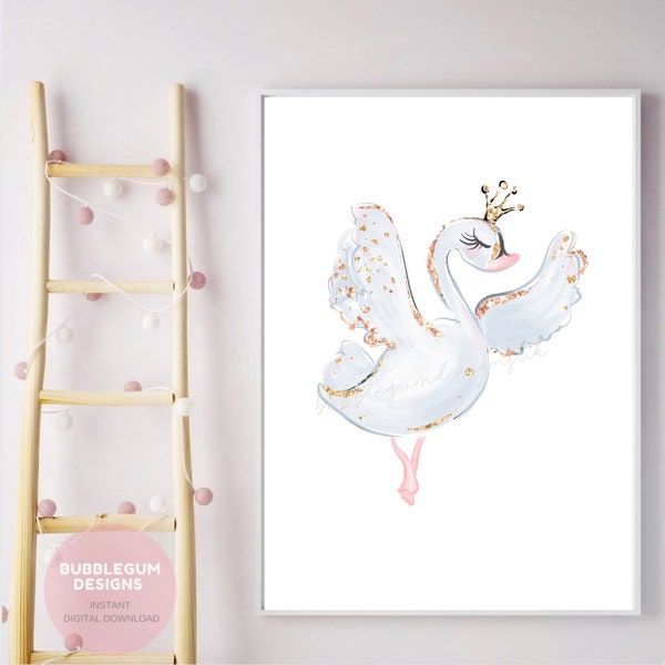 8 x 10" White Swan in Crown Print ~ Swan Wall Art, Swan Nursery Art, Swan Nursery Printable, Home Decor, Poster, Instant Digital Download